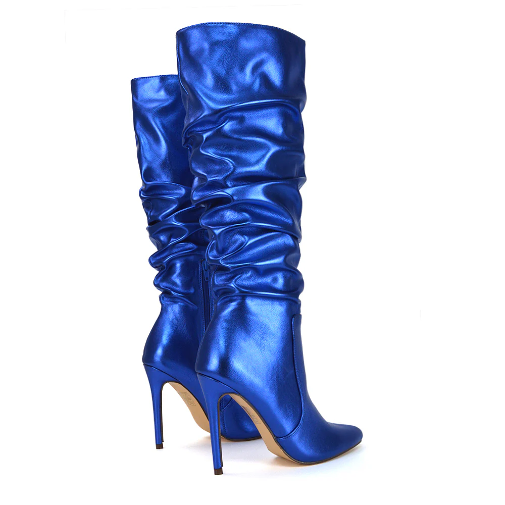 Milani Statement Ruched Pointed Toe Stiletto High Heel Knee High Boots in Silver Metallic - Image 23