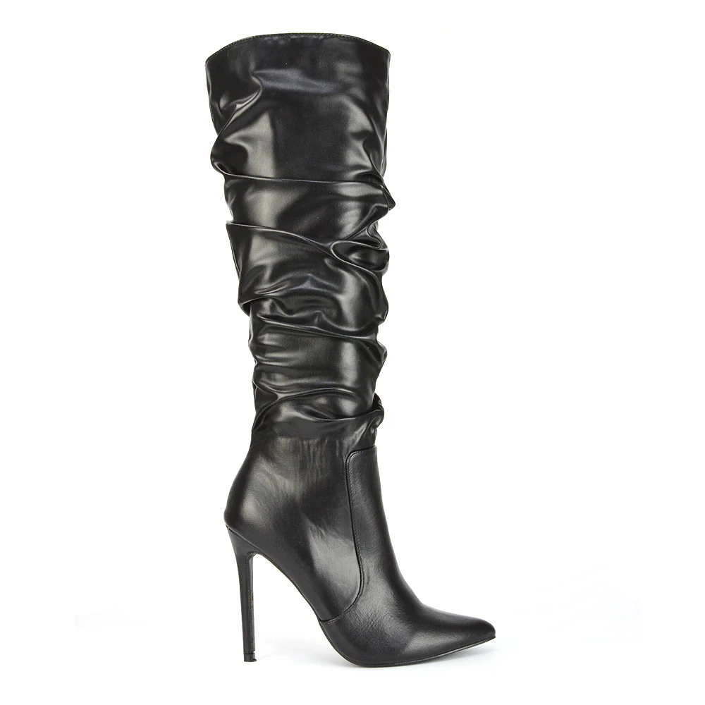 Milani Statement Ruched Pointed Toe Stiletto High Heel Knee High Boots in Silver Metallic - Image 25