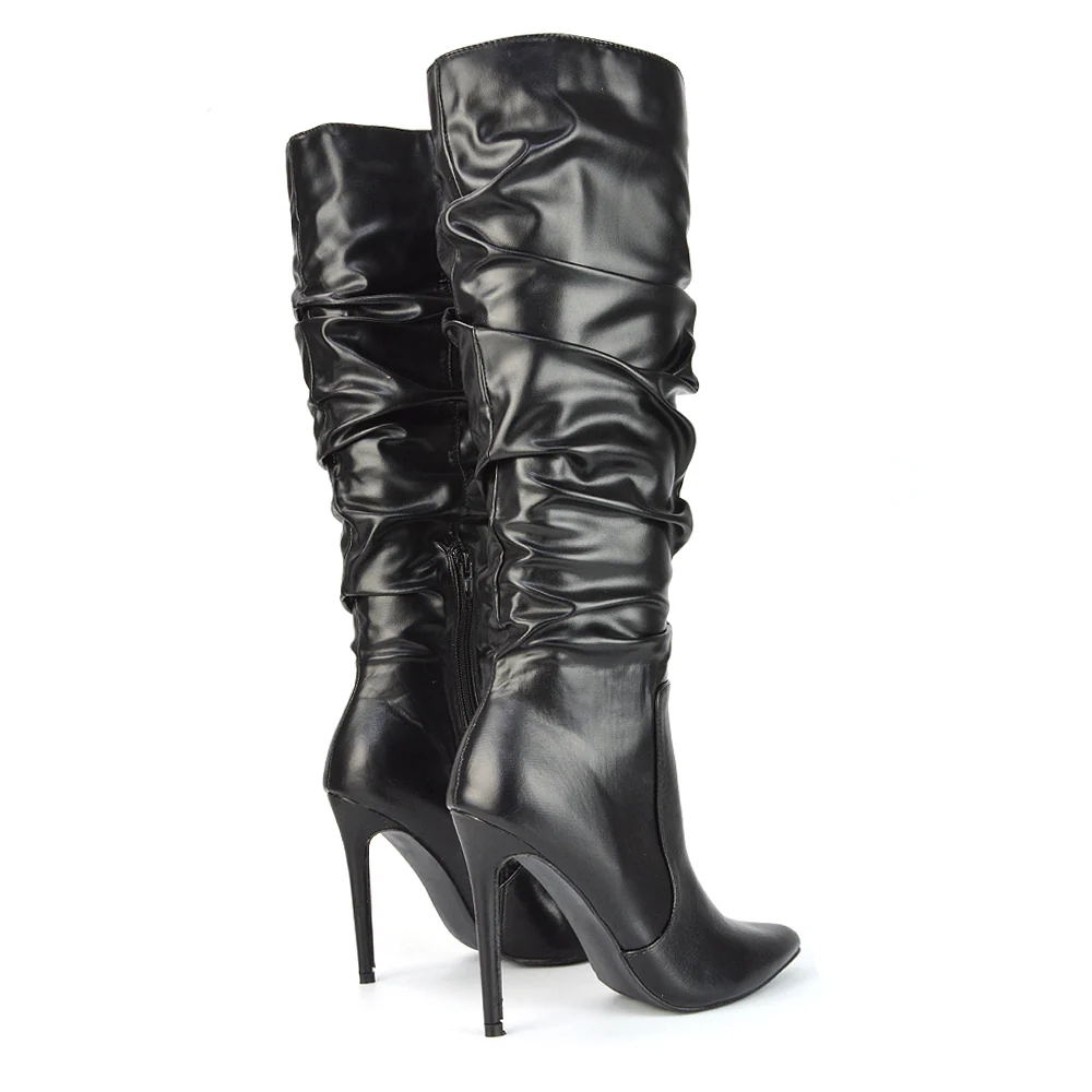 Milani Statement Ruched Pointed Toe Stiletto High Heel Knee High Boots in Silver Metallic - Image 26