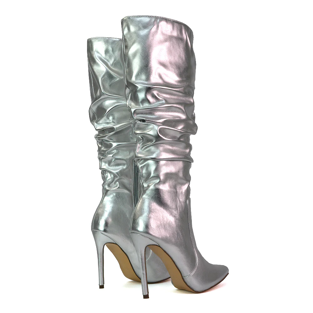 Milani Statement Ruched Pointed Toe Stiletto High Heel Knee High Boots in Silver Metallic - Image 5