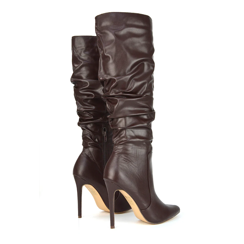 Milani Statement Ruched Pointed Toe Stiletto High Heel Knee High Boots in Silver Metallic - Image 68