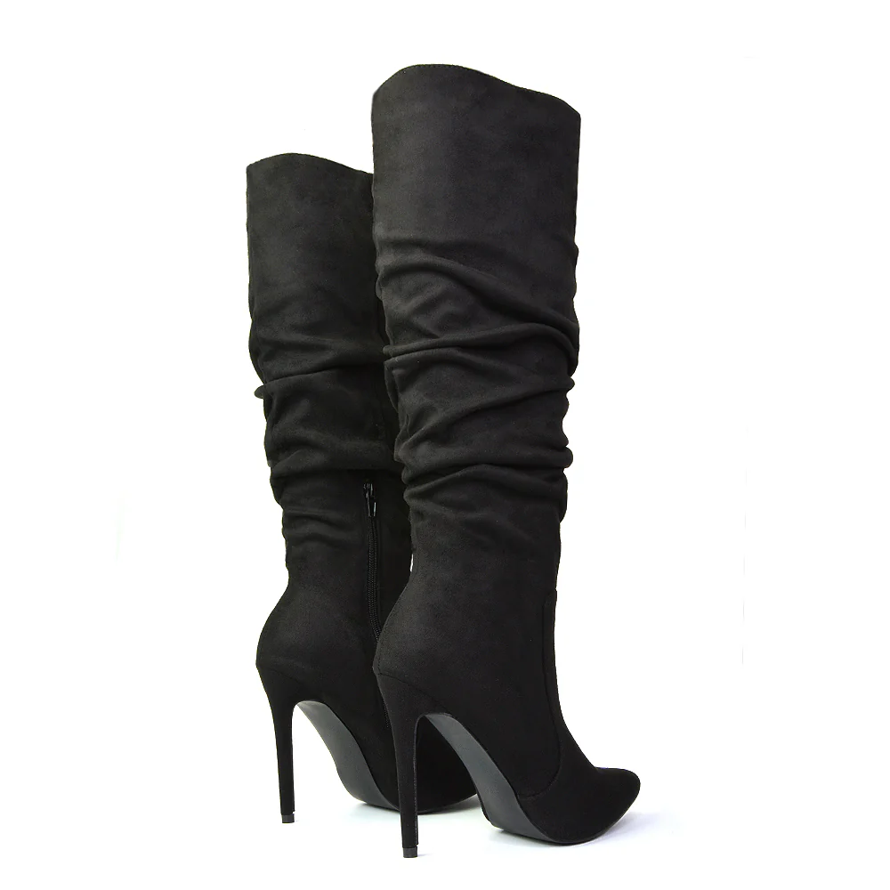 Milani Statement Ruched Pointed Toe Stiletto High Heel Knee High Boots in White Synthetic Leather - Image 155