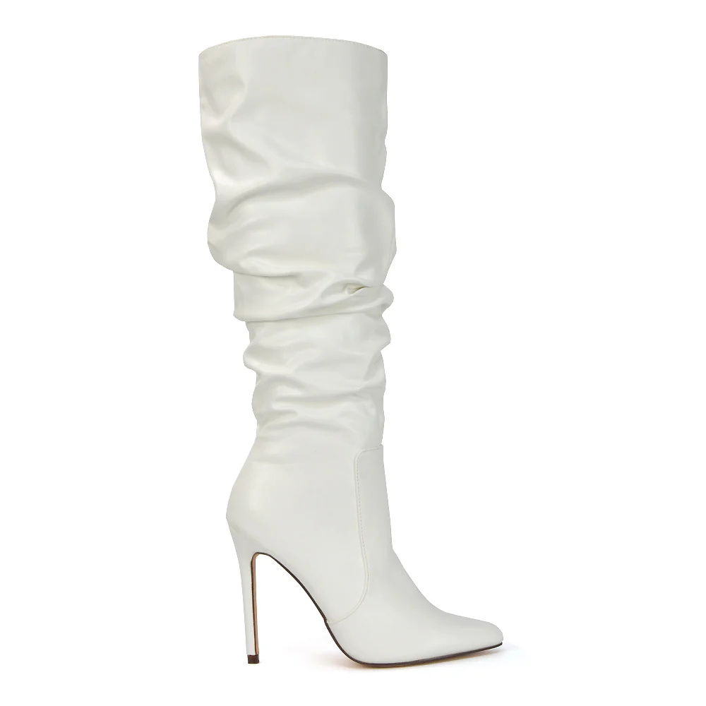 Milani Statement Ruched Pointed Toe Stiletto High Heel Knee High Boots in White Synthetic Leather - Image 50