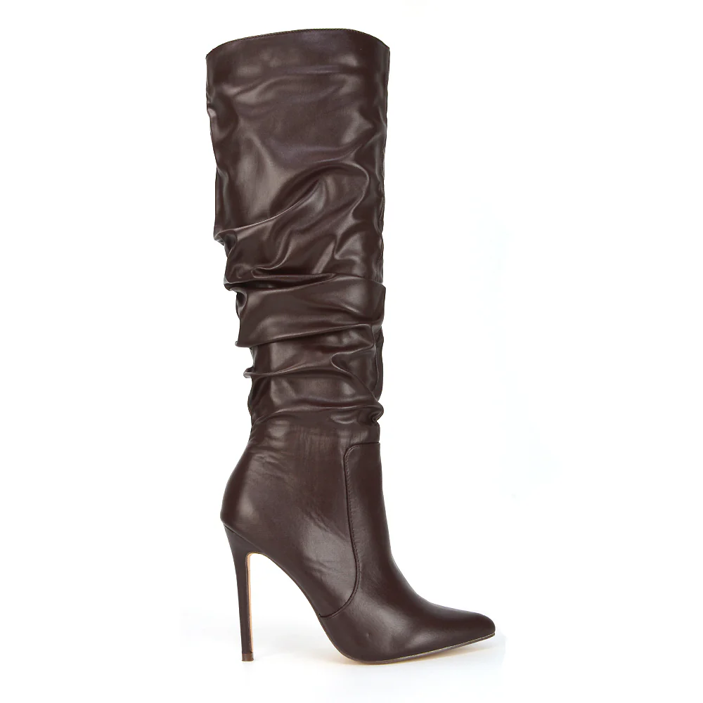 Milani Statement Ruched Pointed Toe Stiletto High Heel Knee High Boots in White Synthetic Leather - Image 71