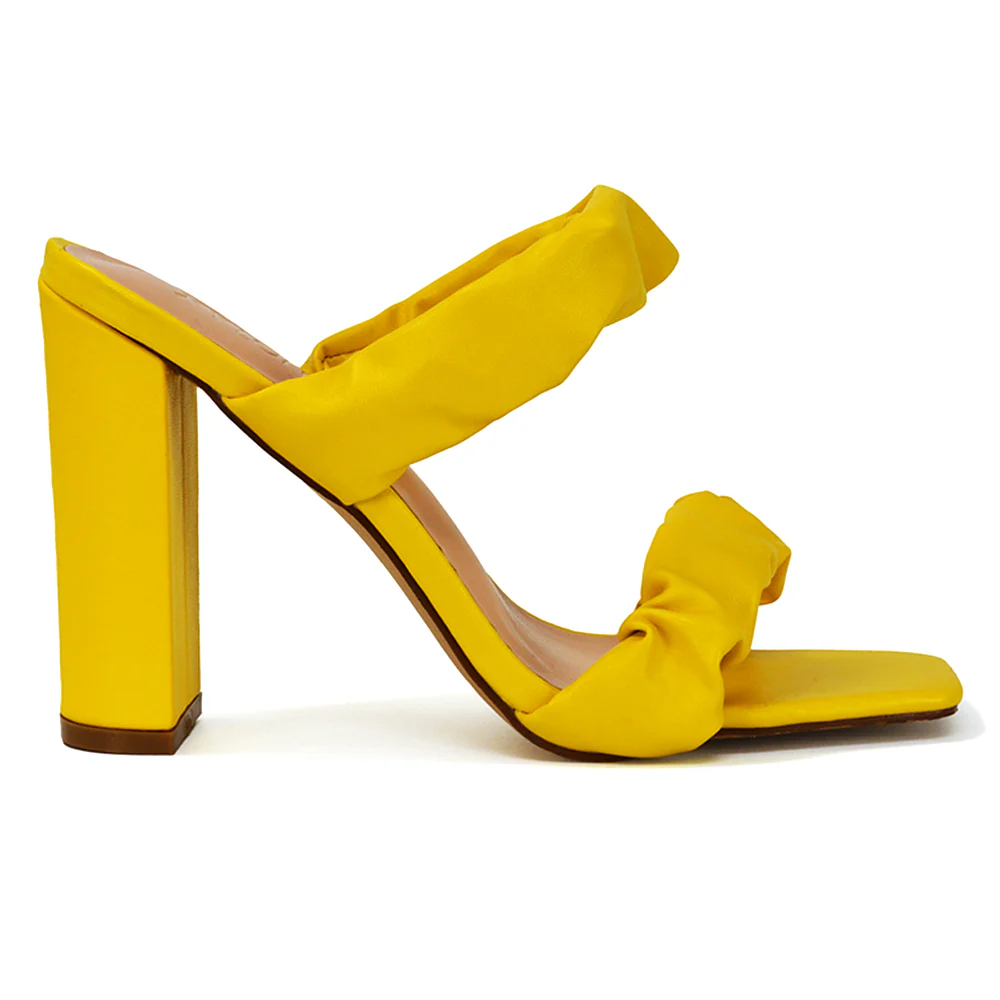 Milena Ruched Double Strap Block High Heel Sandals in Orange Synthetic Leather - Image 108