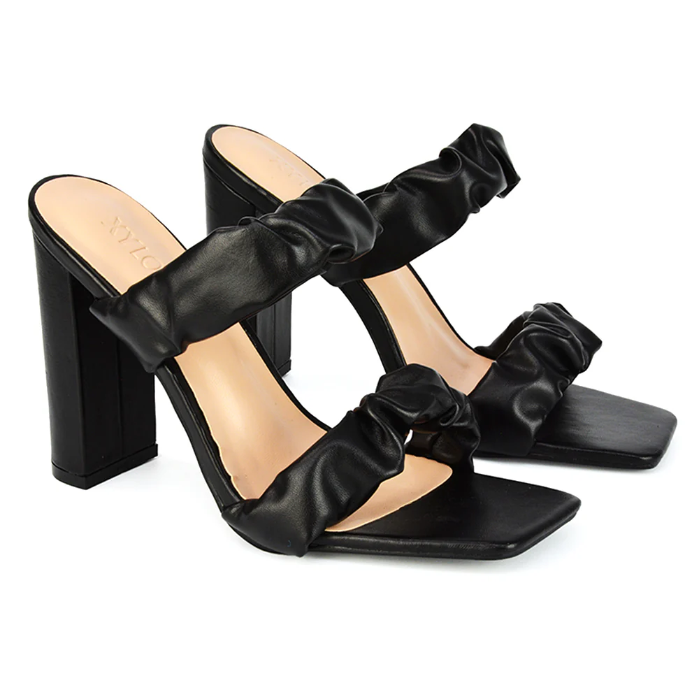 Milena Ruched Double Strap Block High Heel Sandals in Orange Synthetic Leather - Image 16