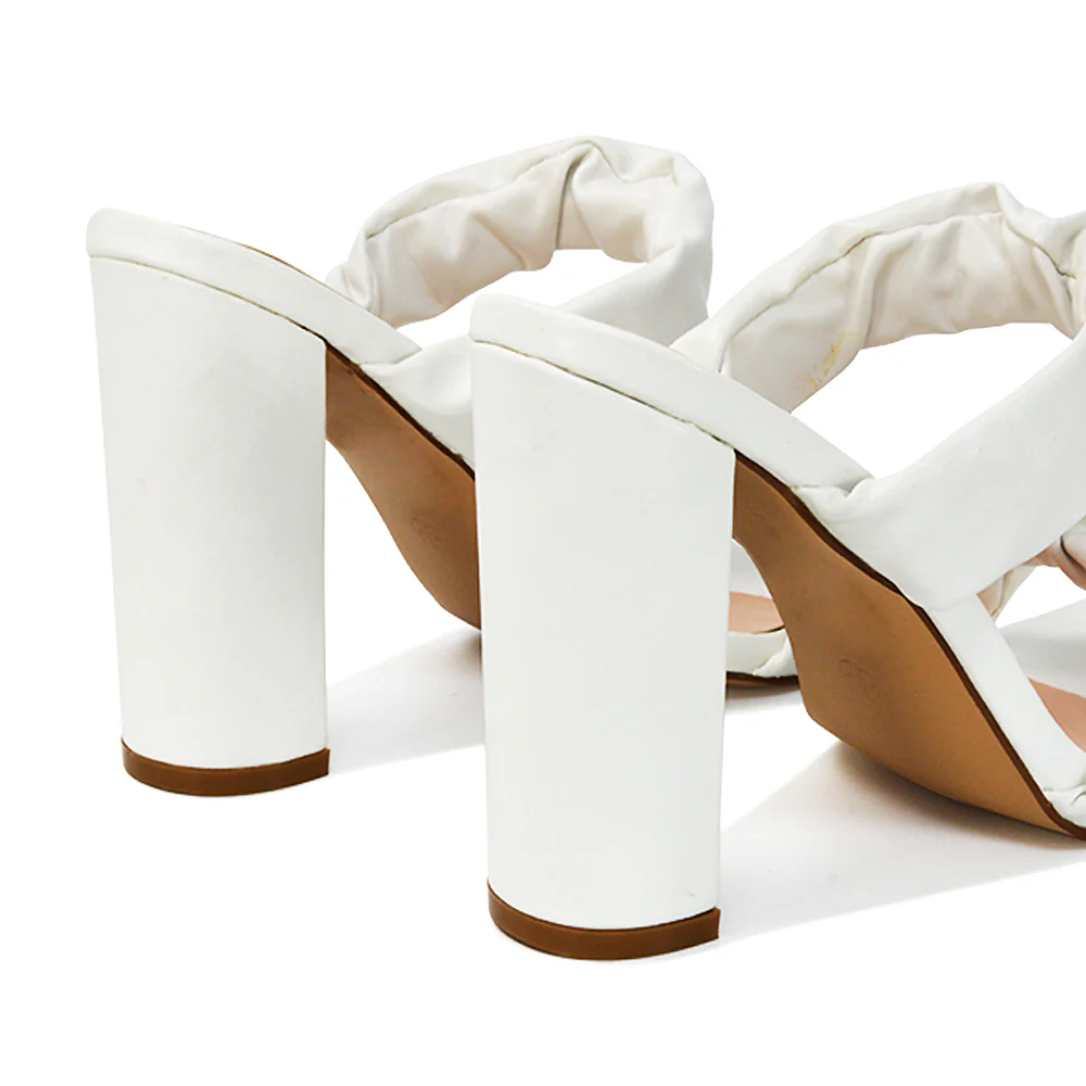 Milena Ruched Double Strap Block High Heel Sandals in Orange Synthetic Leather - Image 37