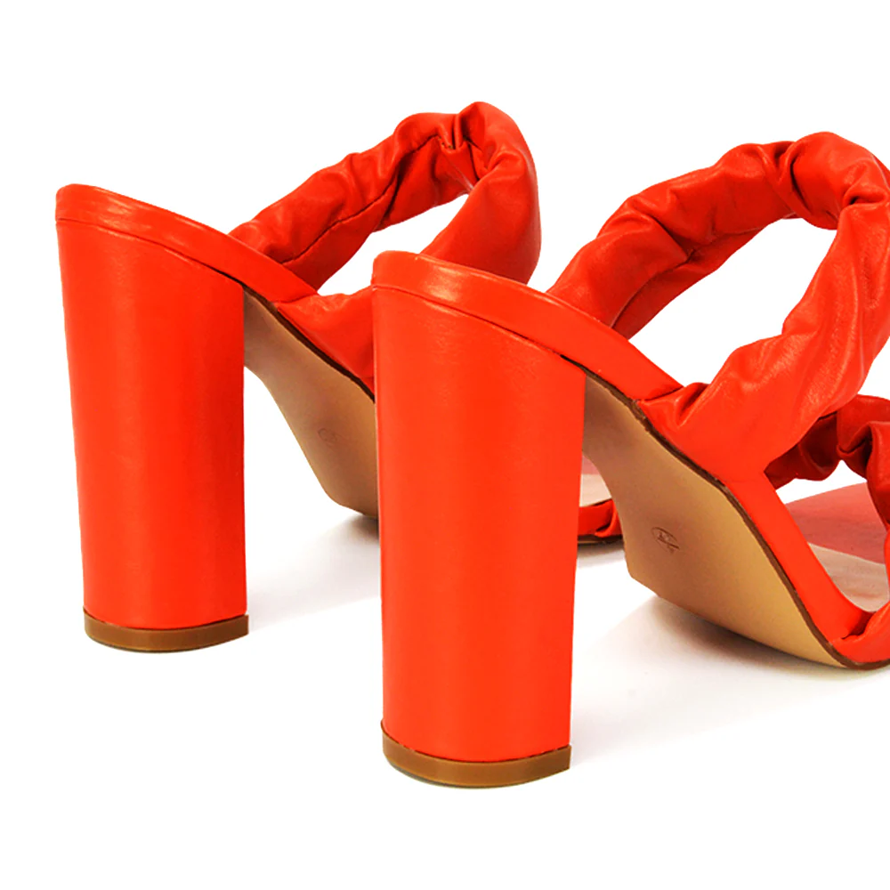 Milena Ruched Double Strap Block High Heel Sandals in Orange Synthetic Leather - Image 82