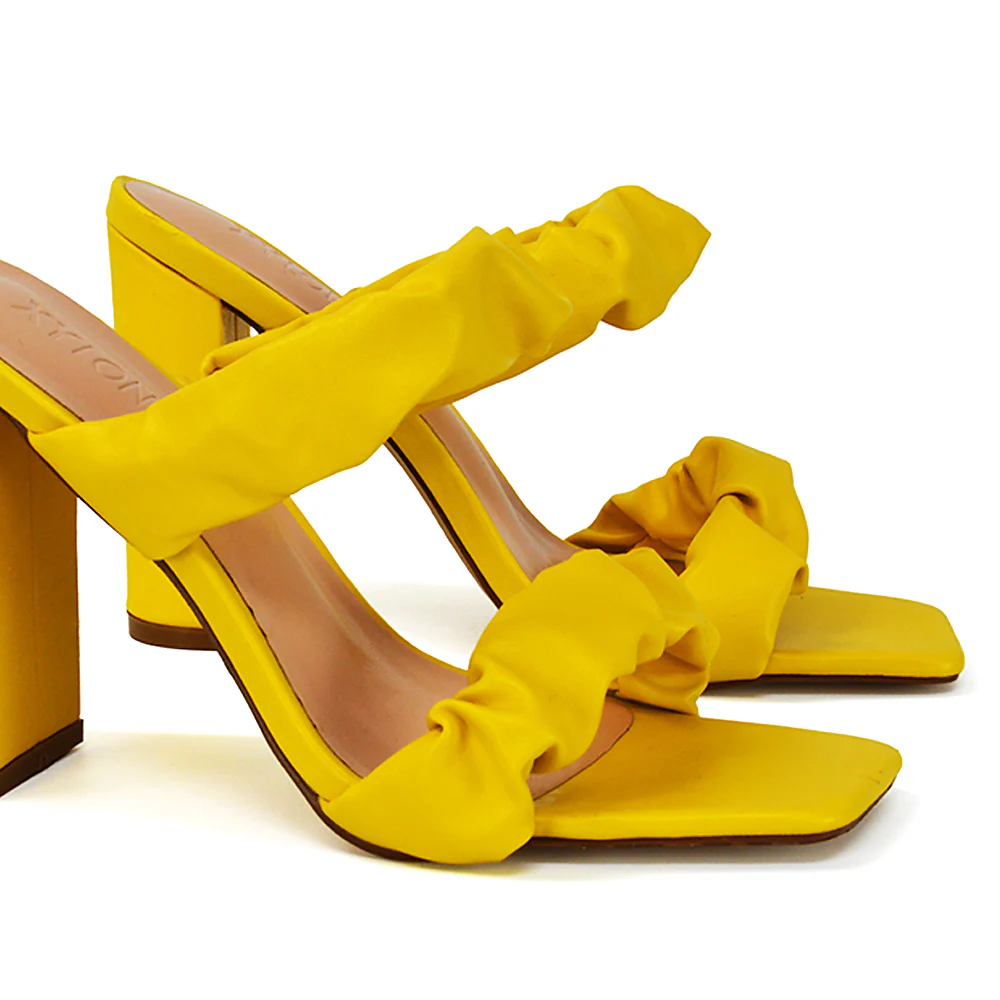 Milena Ruched Double Strap Block High Heel Sandals in White Synthetic Leather - Image 110