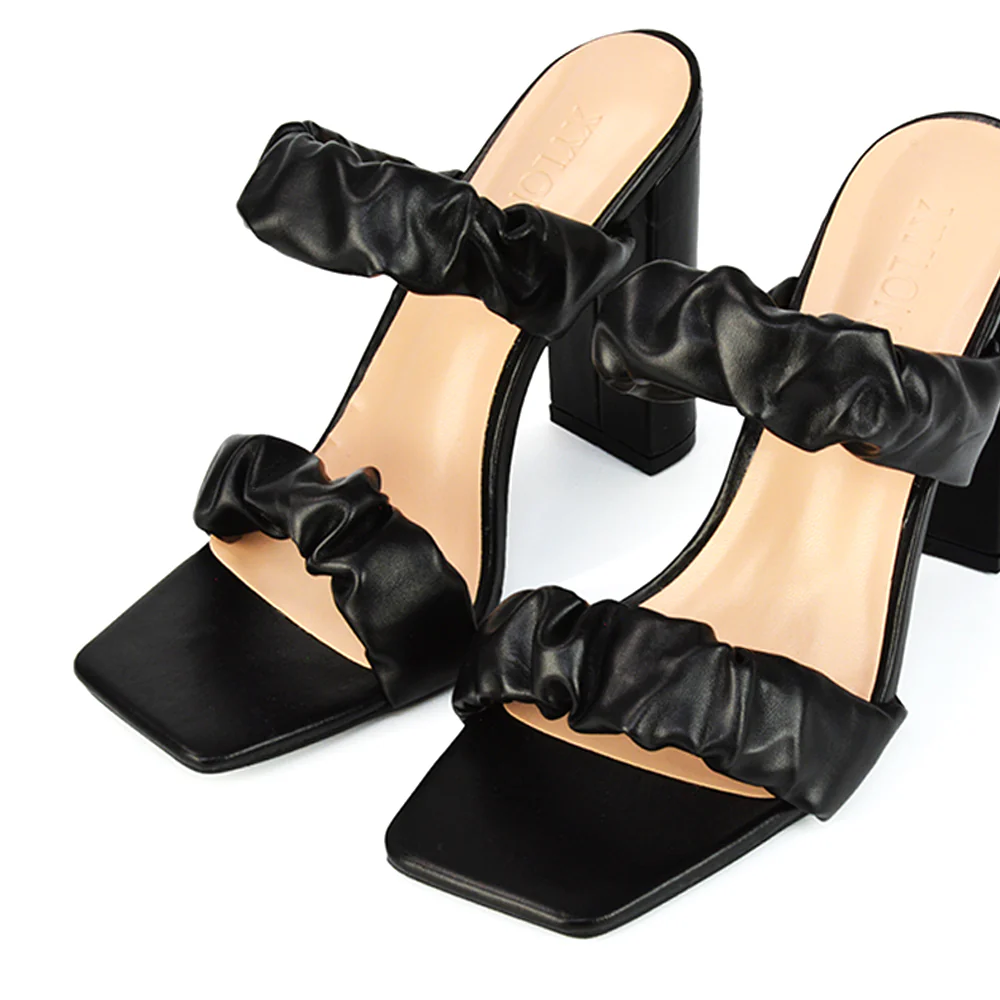 Milena Ruched Double Strap Block High Heel Sandals in White Synthetic Leather - Image 16
