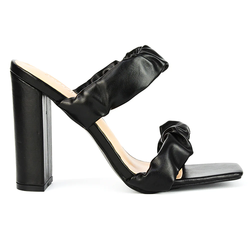 Milena Ruched Double Strap Block High Heel Sandals in White Synthetic Leather - Image 24