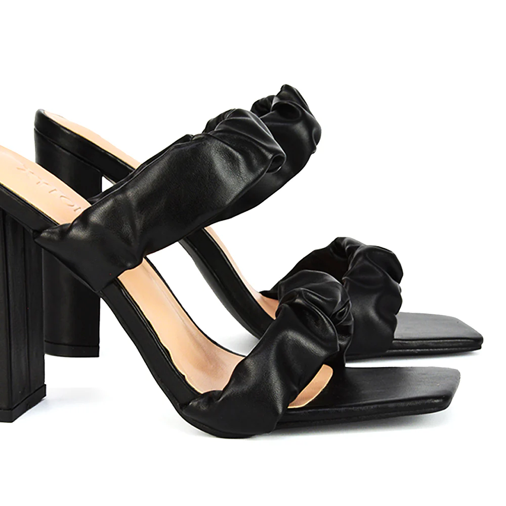 Milena Ruched Double Strap Block High Heel Sandals in White Synthetic Leather - Image 25