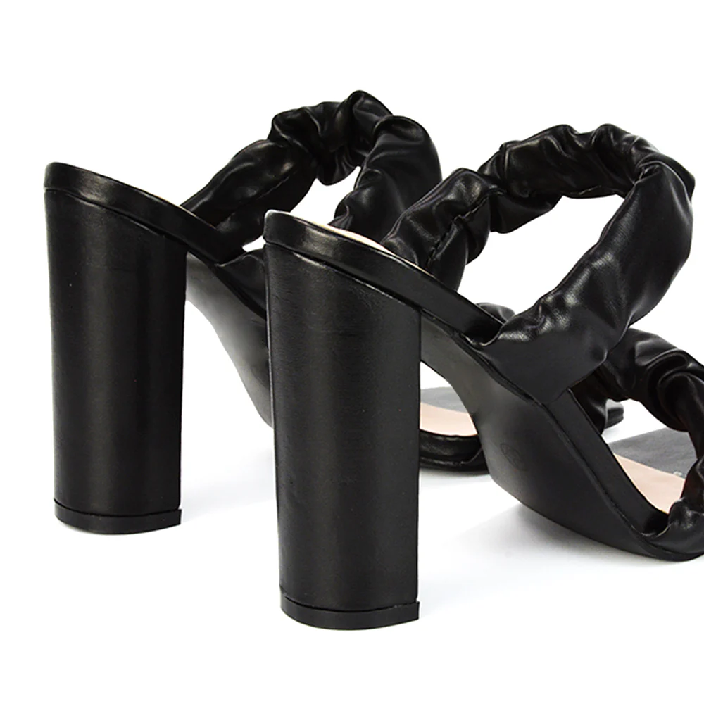 Milena Ruched Double Strap Block High Heel Sandals in White Synthetic Leather - Image 33