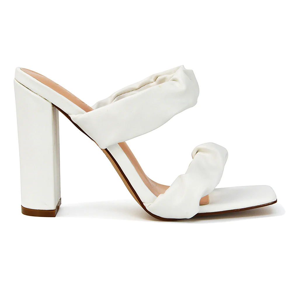 Milena Ruched Double Strap Block High Heel Sandals in White Synthetic Leather - Image 39