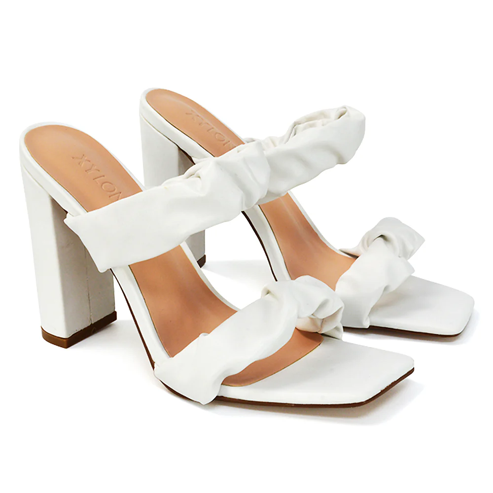 Milena Ruched Double Strap Block High Heel Sandals in White Synthetic Leather - Image 57