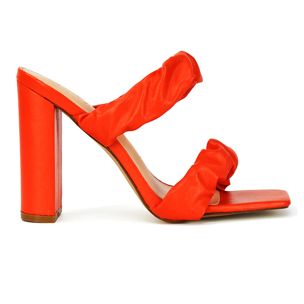 Milena Ruched Double Strap Block High Heel Sandals in White Synthetic Leather - Image 69