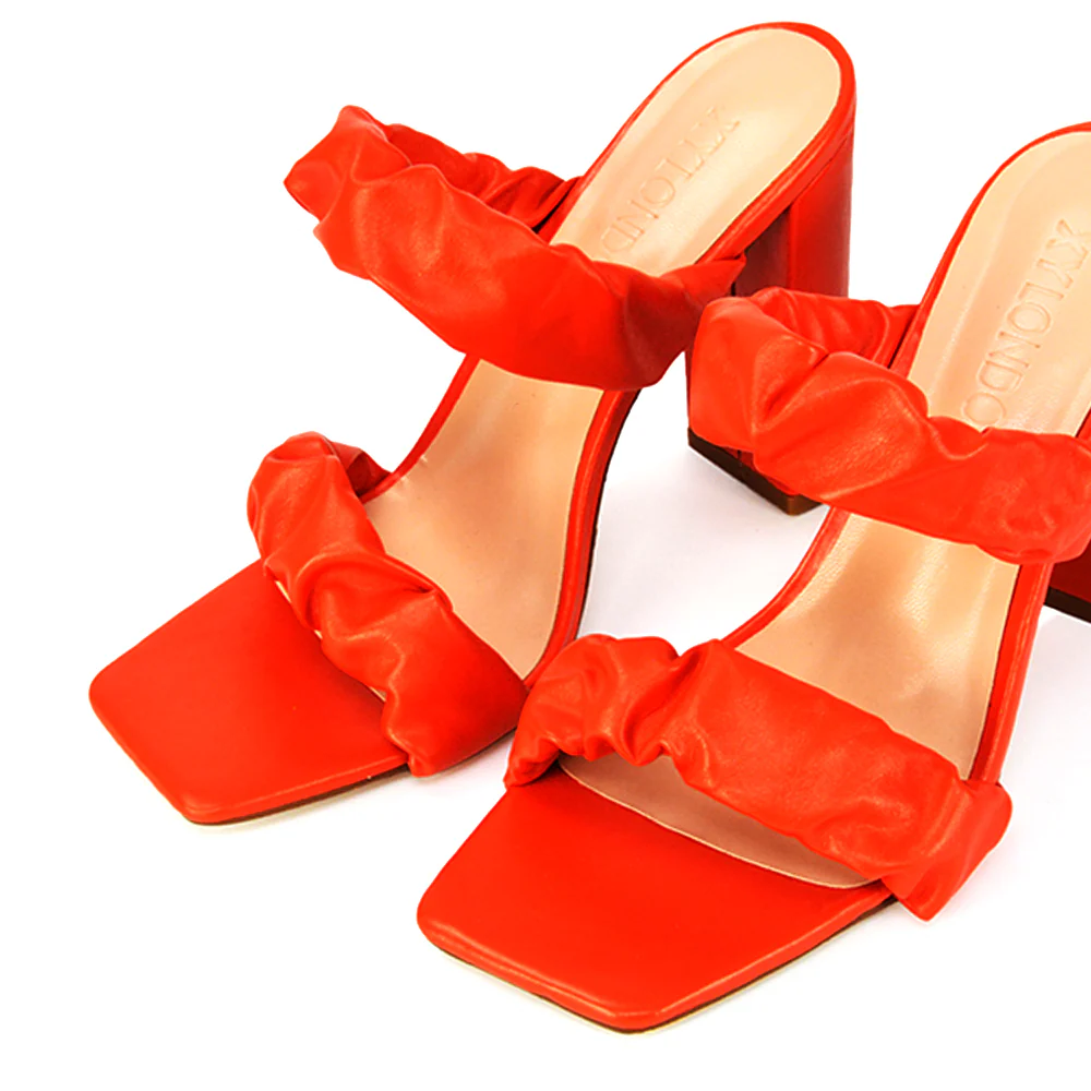 Milena Ruched Double Strap Block High Heel Sandals in White Synthetic Leather - Image 76