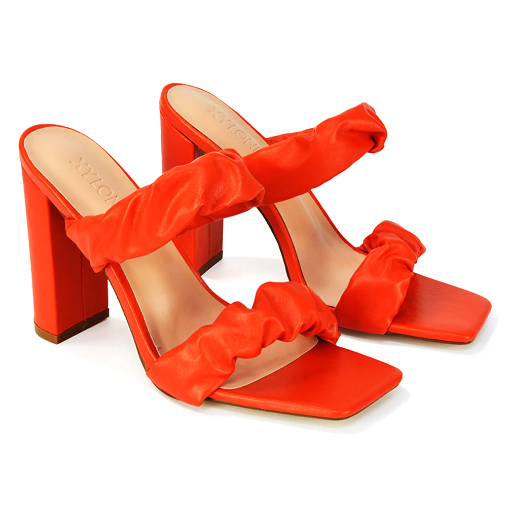 Milena Ruched Double Strap Block High Heel Sandals in White Synthetic Leather - Image 77