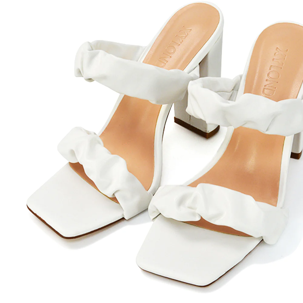 Milena Ruched Double Strap Block High Heel Sandals in Yellow Synthetic Leather - Image 41