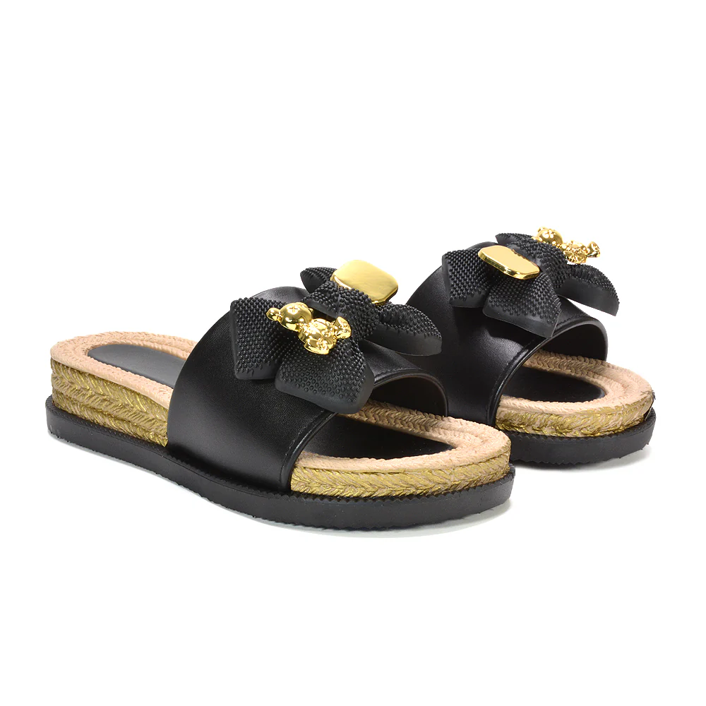 Millie Women's Flat Sandals Slip On Espadrille Flatform Sliders with Bow in Black - Image 5