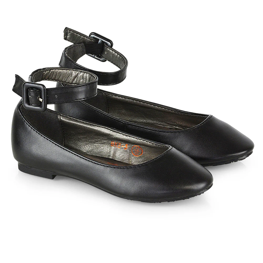 Milo Kids Ankle Strap Buckle up Flat Heel Ballerina Pumps Wedding Bridal Shoes in Black - Image 11