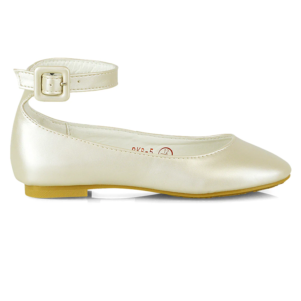 Milo Kids Ankle Strap Buckle up Flat Heel Ballerina Pumps Wedding Bridal Shoes in Black - Image 57