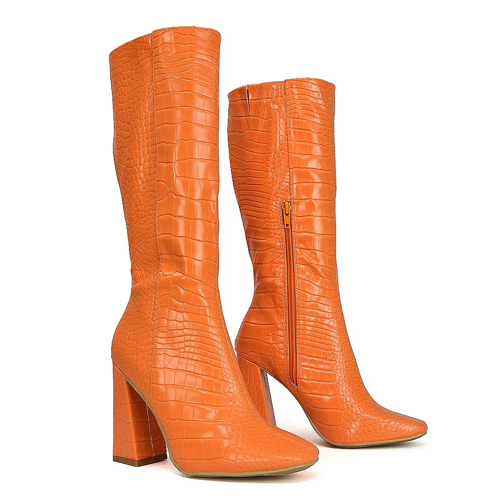 Mina Croc Print Pointed Toe Knee High Mid-Calf Block Heeled Long Boots in Black - Image 90