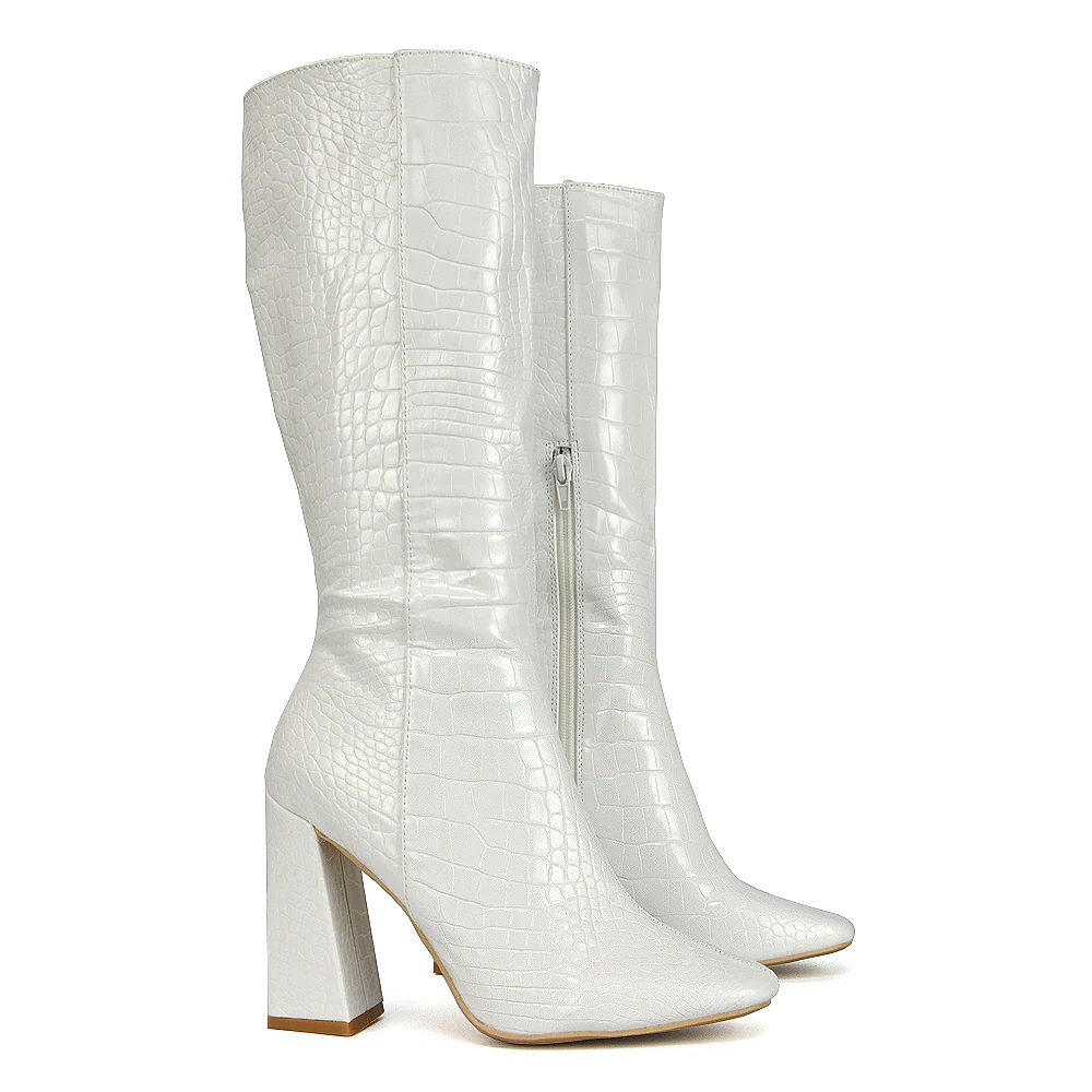Mina Croc Print Pointed Toe Knee High Mid-Calf Block Heeled Long Boots in Brown - Image 32