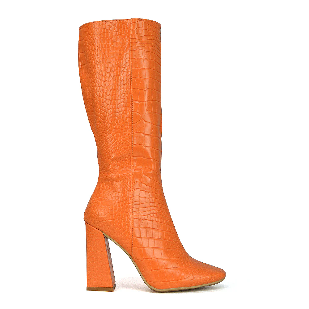 Mina Croc Print Pointed Toe Knee High Mid-Calf Block Heeled Long Boots in Brown - Image 79