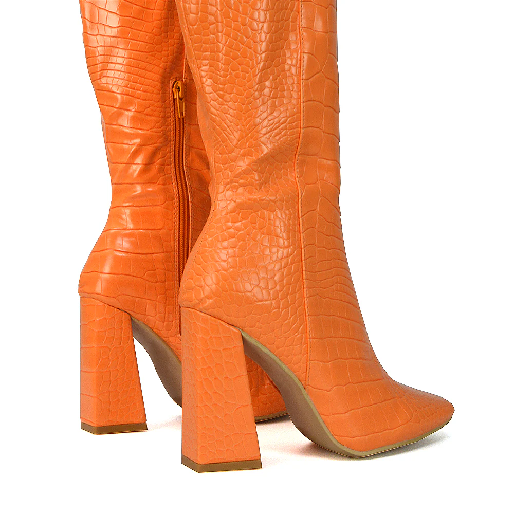 Mina Croc Print Pointed Toe Knee High Mid-Calf Block Heeled Long Boots in Brown - Image 89