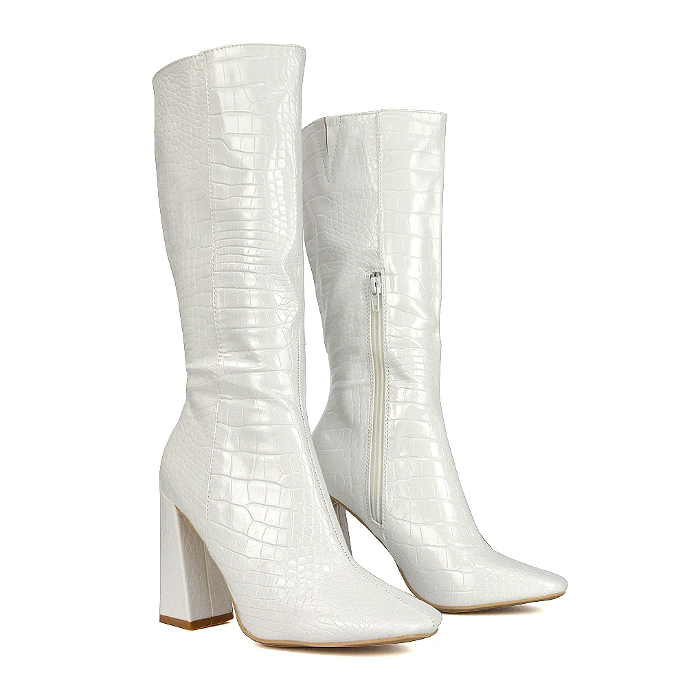 Mina Croc Print Pointed Toe Knee High Mid-Calf Block Heeled Long Boots in Orange - Image 42