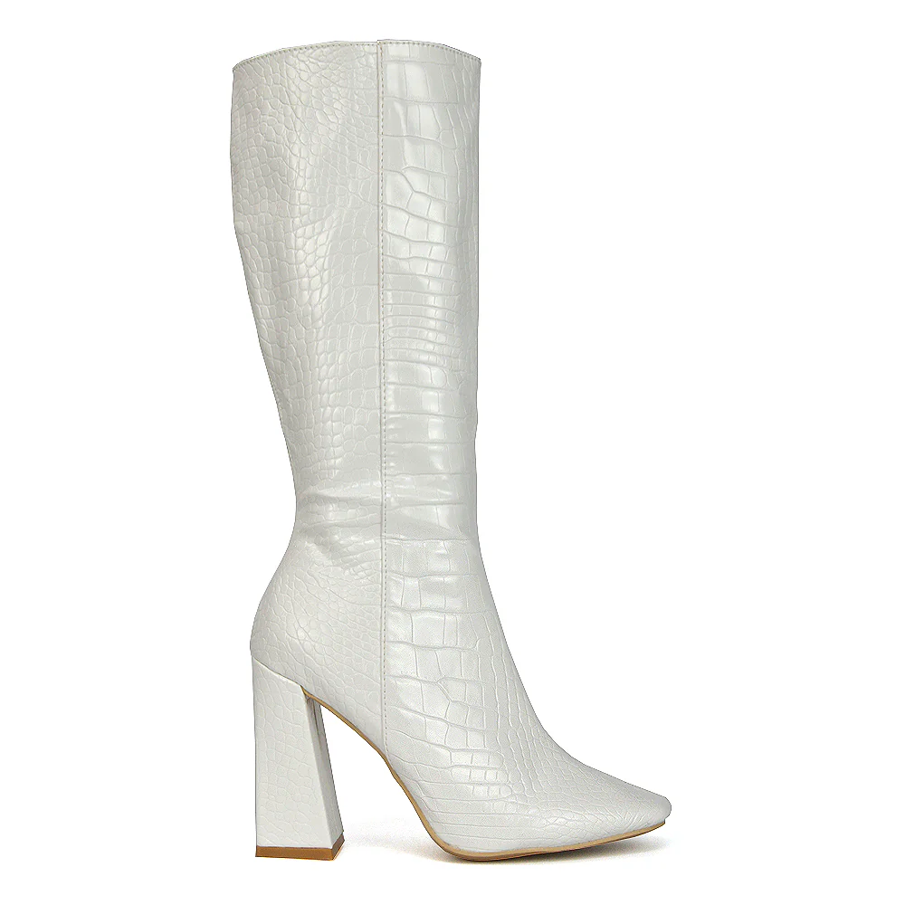 Mina Croc Print Pointed Toe Knee High Mid-Calf Block Heeled Long Boots in Orange - Image 51