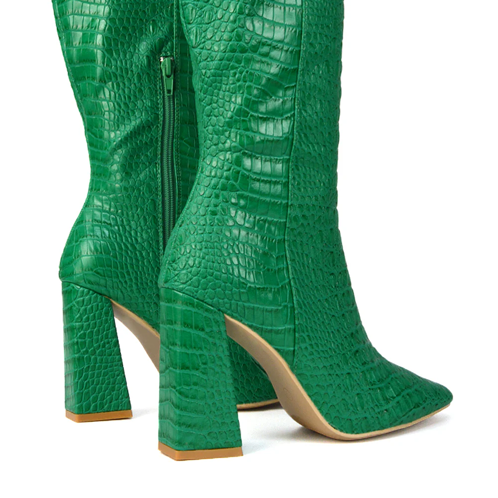Mina Croc Print Pointed Toe Knee High Mid-Calf Block Heeled Long Boots in White - Image 12