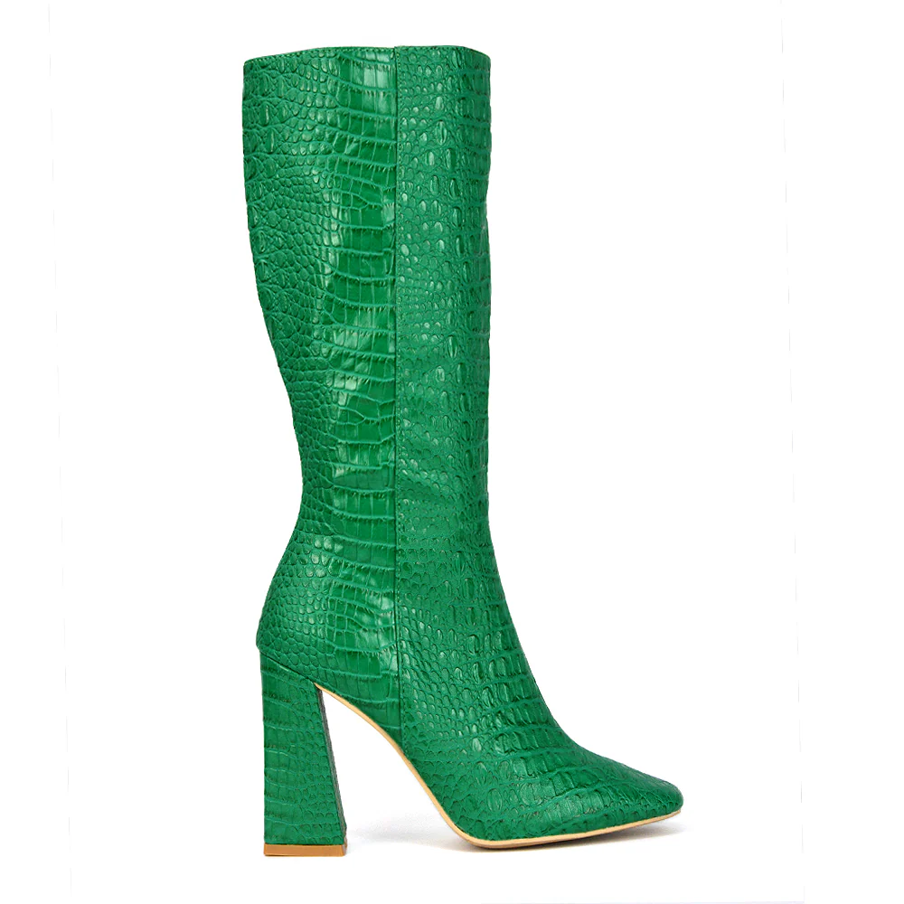 Mina Croc Print Pointed Toe Knee High Mid-Calf Block Heeled Long Boots in White - Image 18