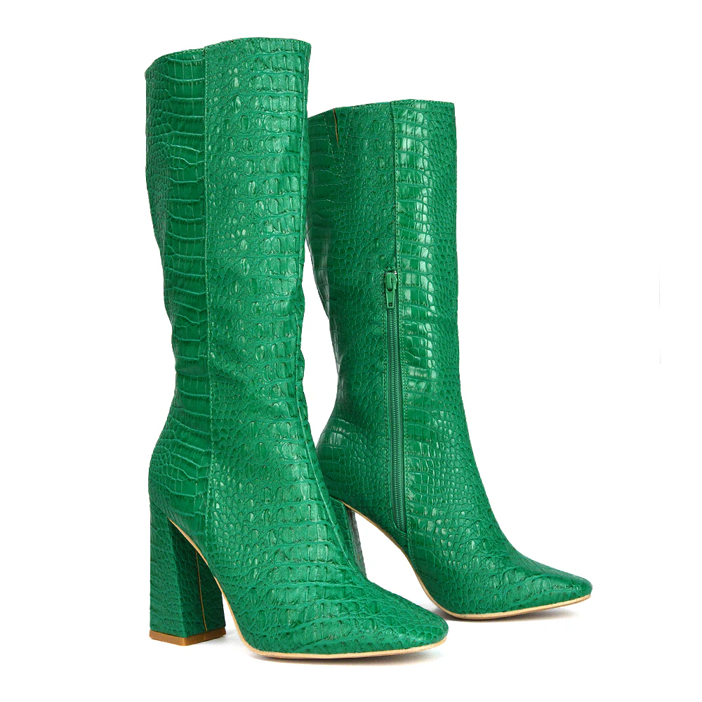 Mina Croc Print Pointed Toe Knee High Mid-Calf Block Heeled Long Boots in White - Image 25