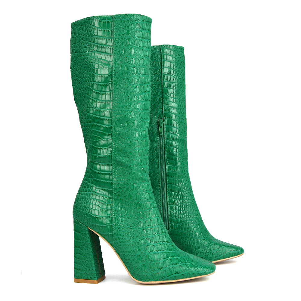Mina Croc Print Pointed Toe Knee High Mid-Calf Block Heeled Long Boots in White - Image 7