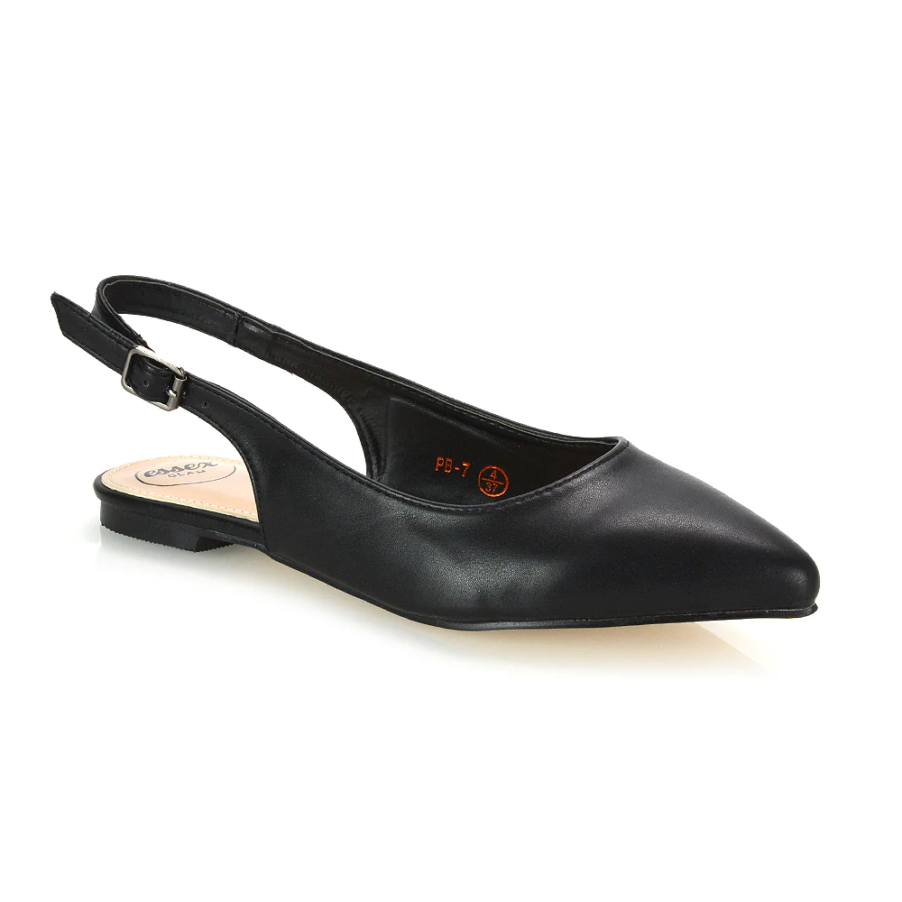 Mindy Pointed Toe Slingback Flat Ballerina Pumps in Black Patent - Image 8
