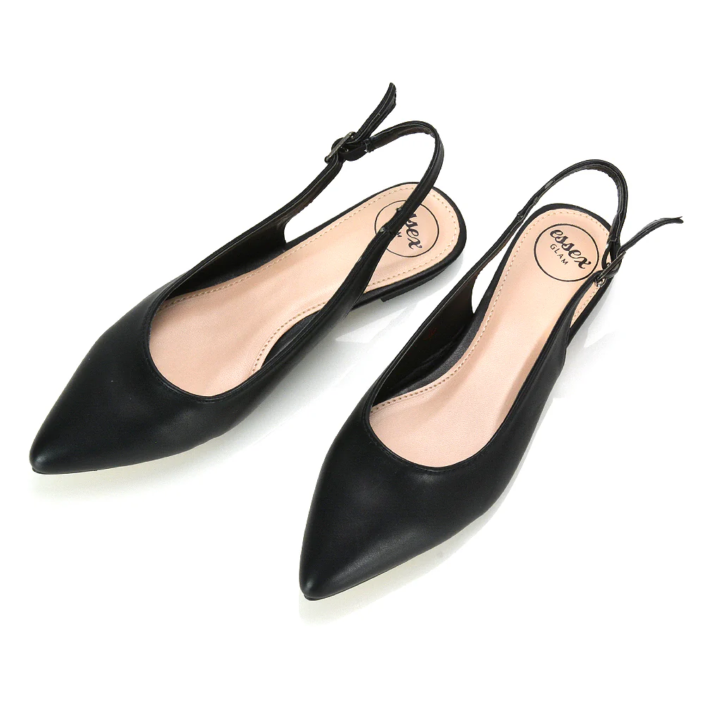 Mindy Pointed Toe Slingback Flat Ballerina Pumps in Black Synthetic Leather - Image 4
