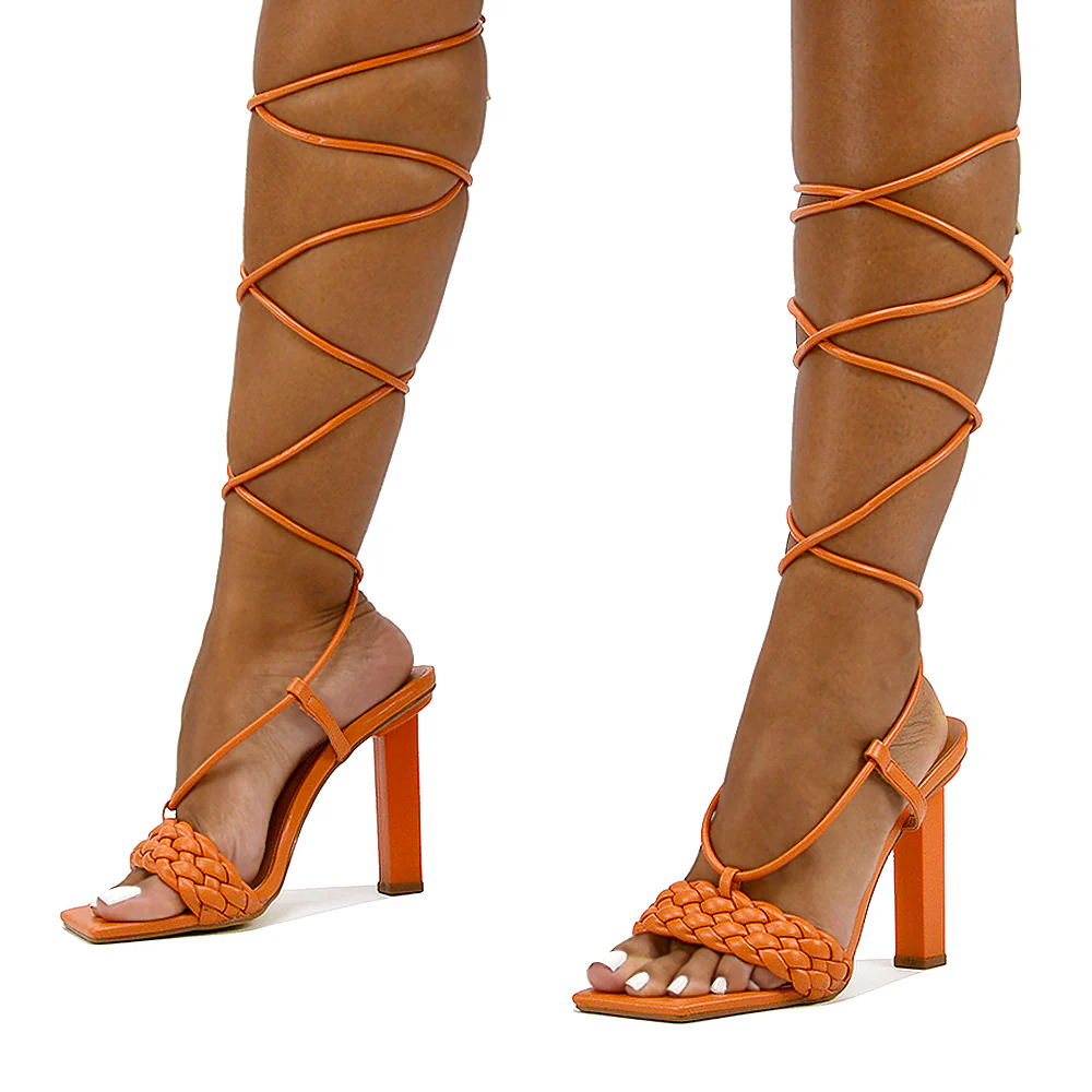 Mira Womens Woven Strap Lace Up Strappy Block Square Toe Heels in Black Synthetic Leather - Image 172