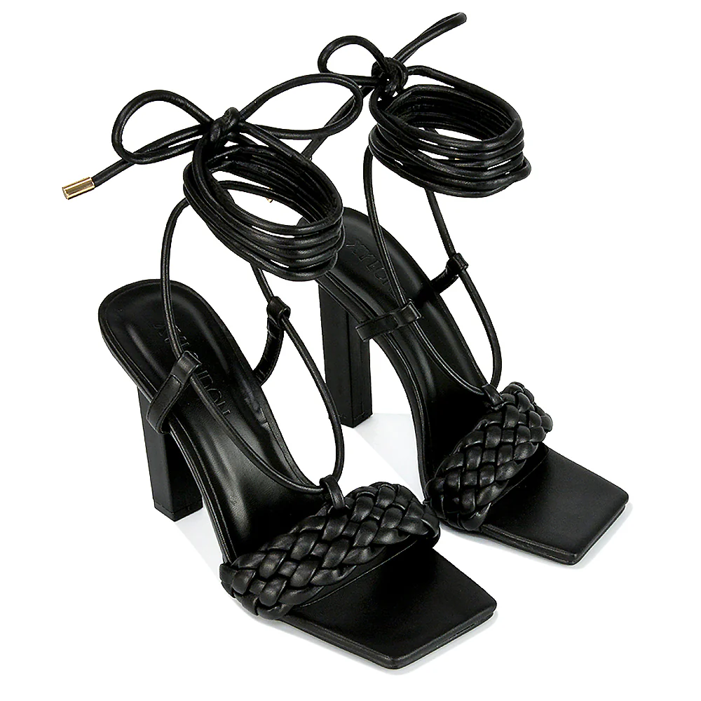 Mira Womens Woven Strap Lace Up Strappy Block Square Toe Heels in Black Synthetic Leather - Image 78