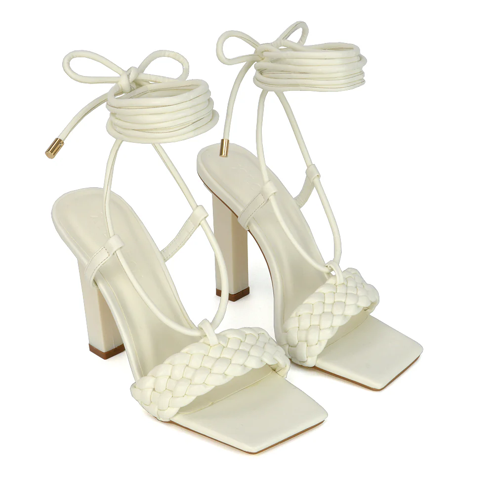 Mira Womens Woven Strap Lace Up Strappy Block Square Toe Heels in White Synthetic Leather - Image 128