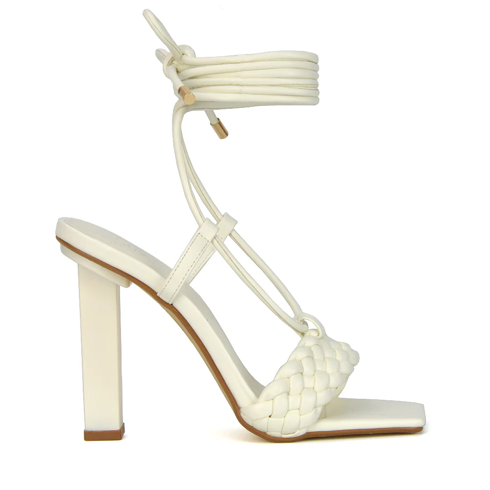 Mira Womens Woven Strap Lace Up Strappy Block Square Toe Heels in White Synthetic Leather - Image 135