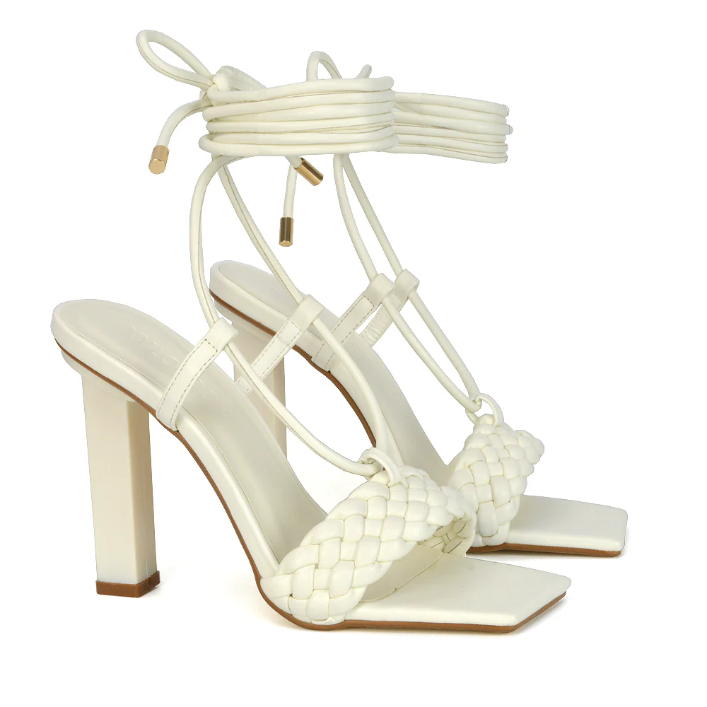Mira Womens Woven Strap Lace Up Strappy Block Square Toe Heels in White Synthetic Leather - Image 145
