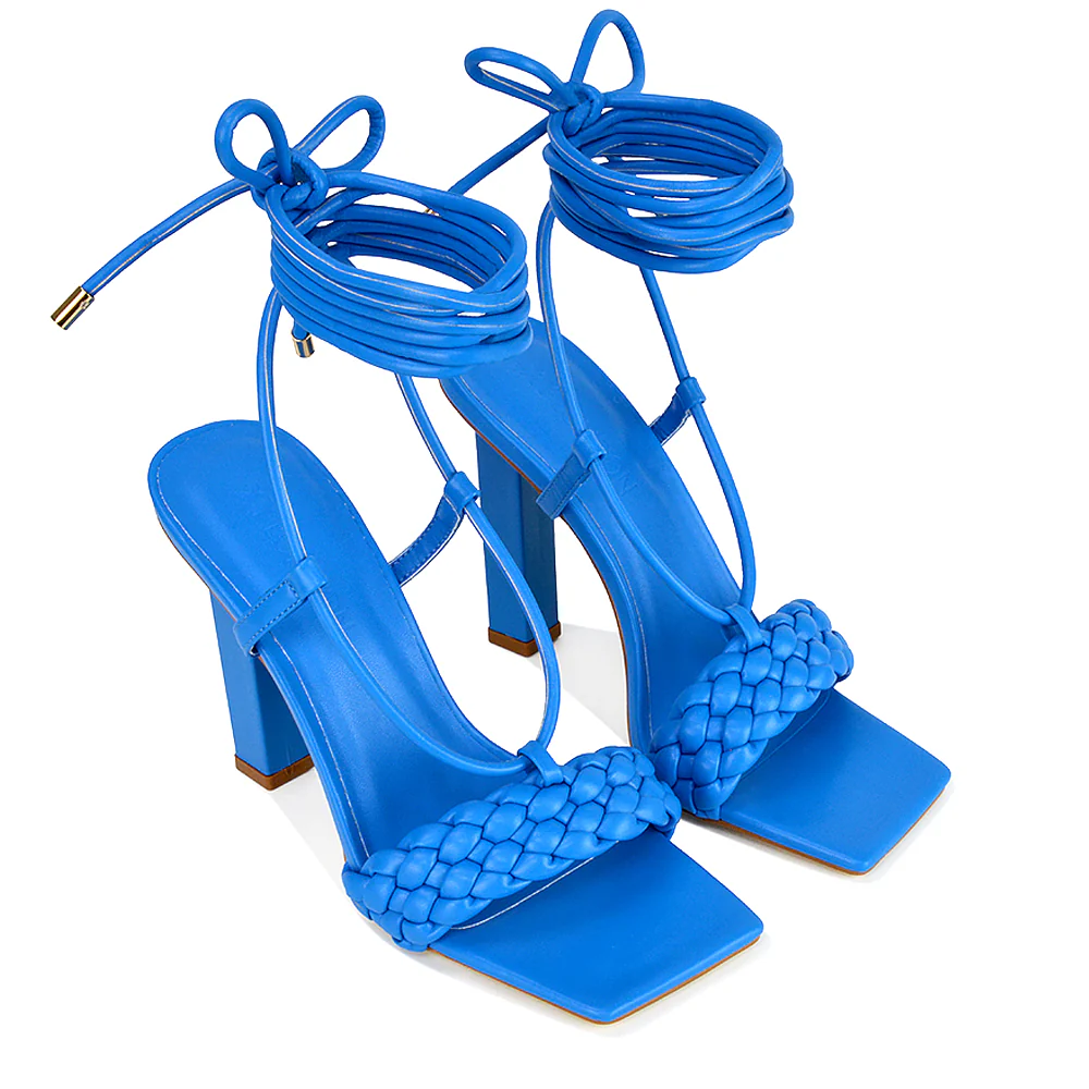 Mira Womens Woven Strap Lace Up Strappy Block Square Toe Heels in White Synthetic Leather - Image 16