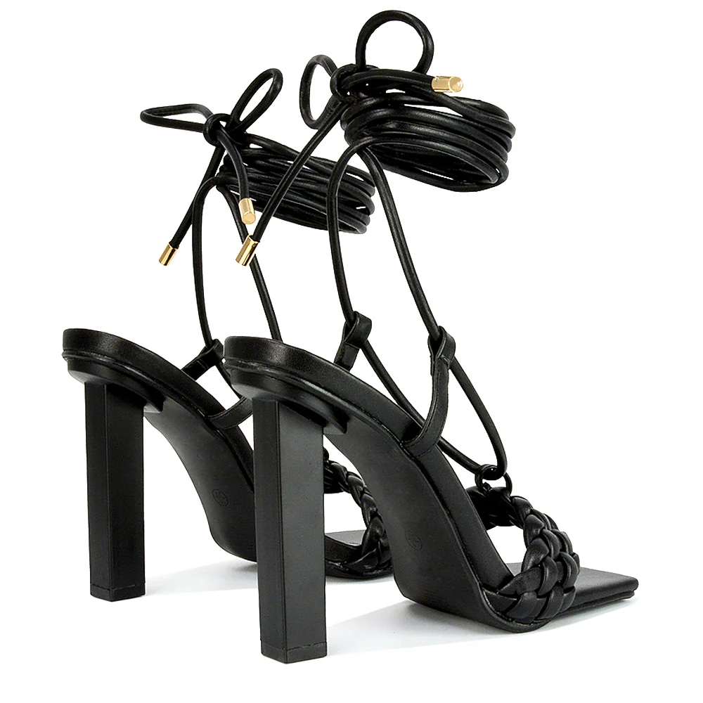 Mira Womens Woven Strap Lace Up Strappy Block Square Toe Heels in White Synthetic Leather - Image 66