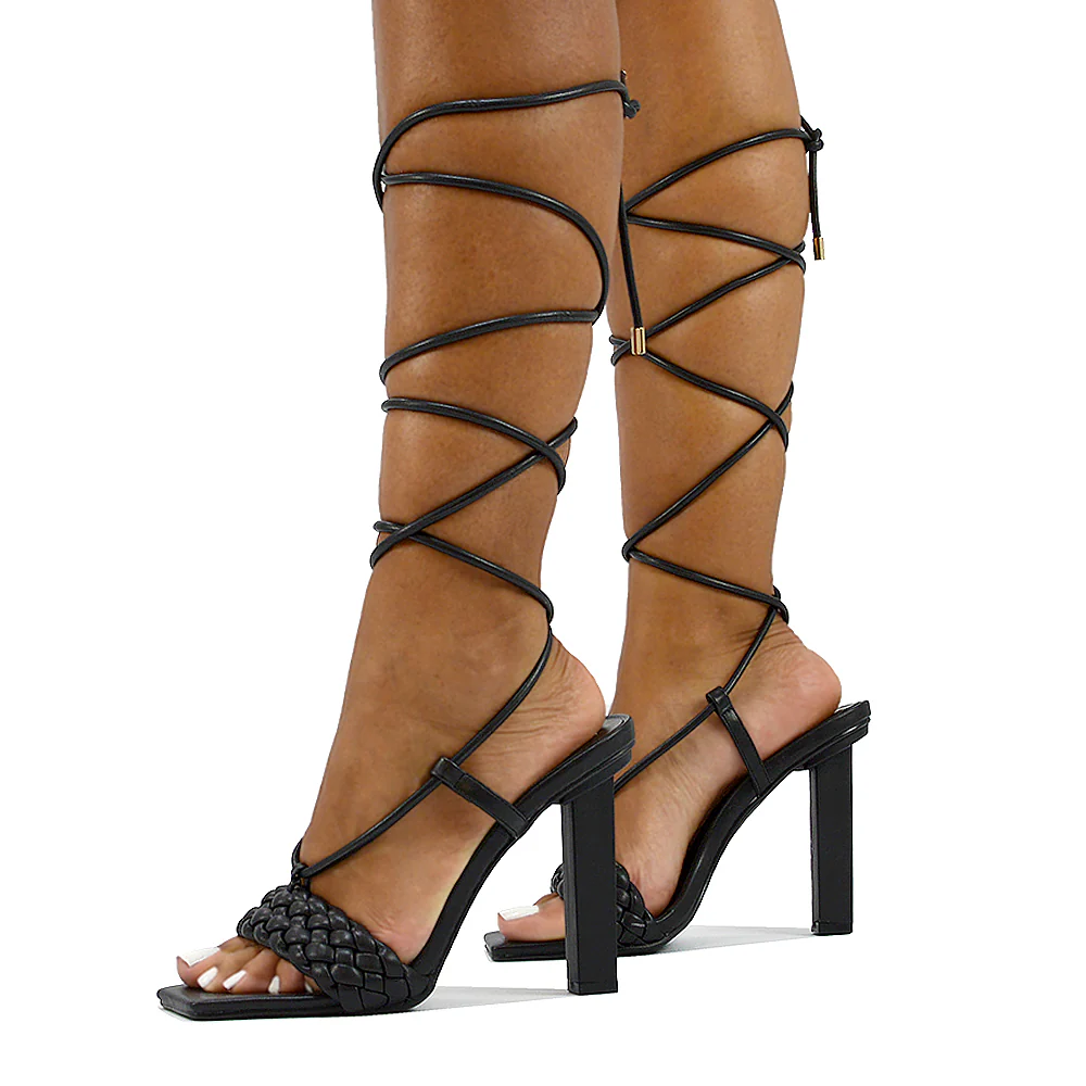 Mira Womens Woven Strap Lace Up Strappy Block Square Toe Heels in White Synthetic Leather - Image 77
