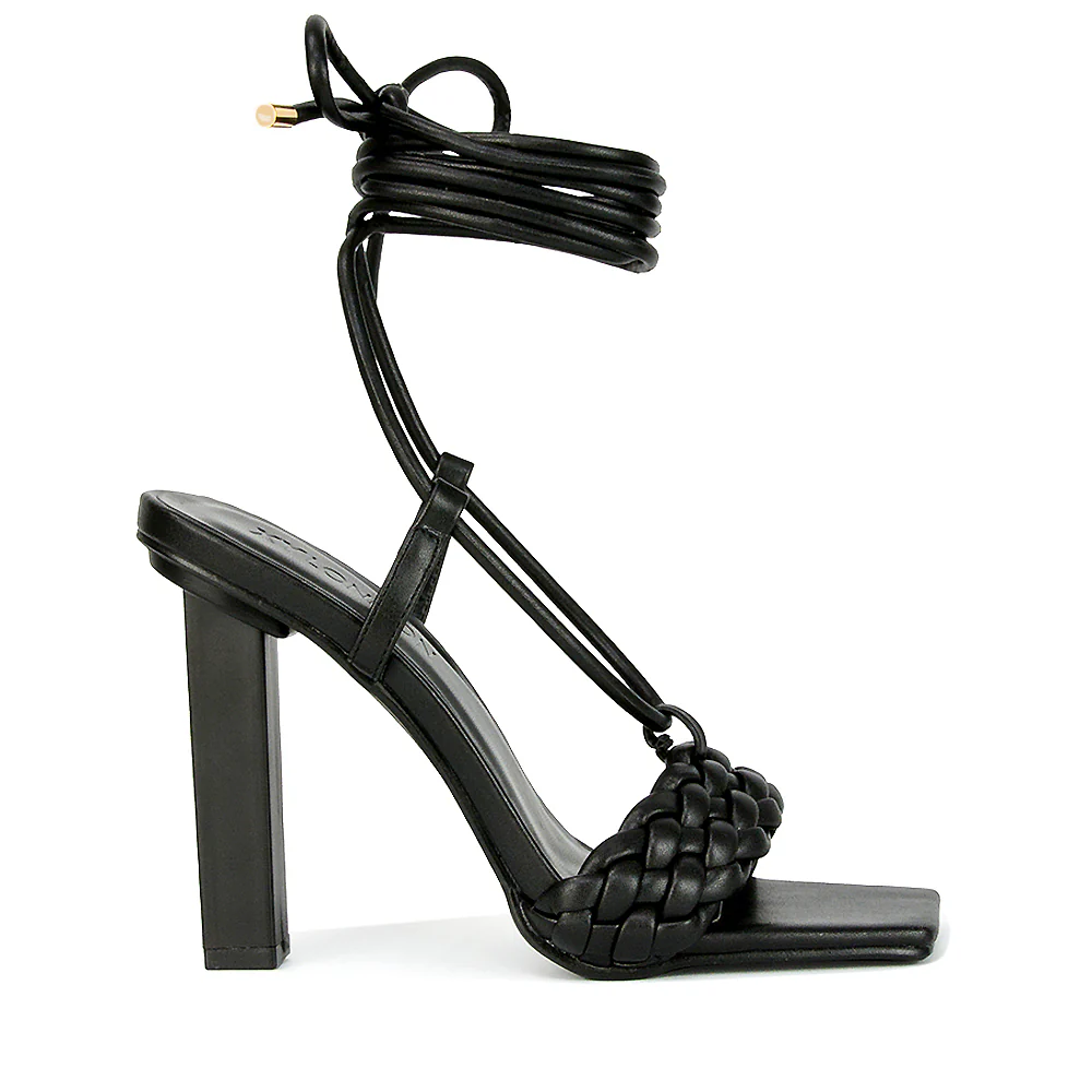 Mira Womens Woven Strap Lace Up Strappy Block Square Toe Heels in White Synthetic Leather - Image 87