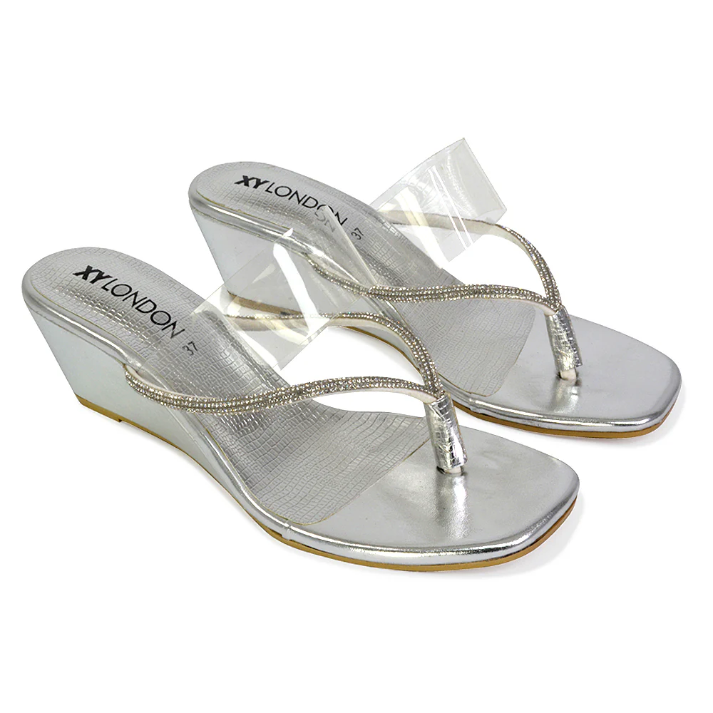 Mirabel Square Toe Post Perspex Wedge Heel Diamante Sandals in Black - Image 79