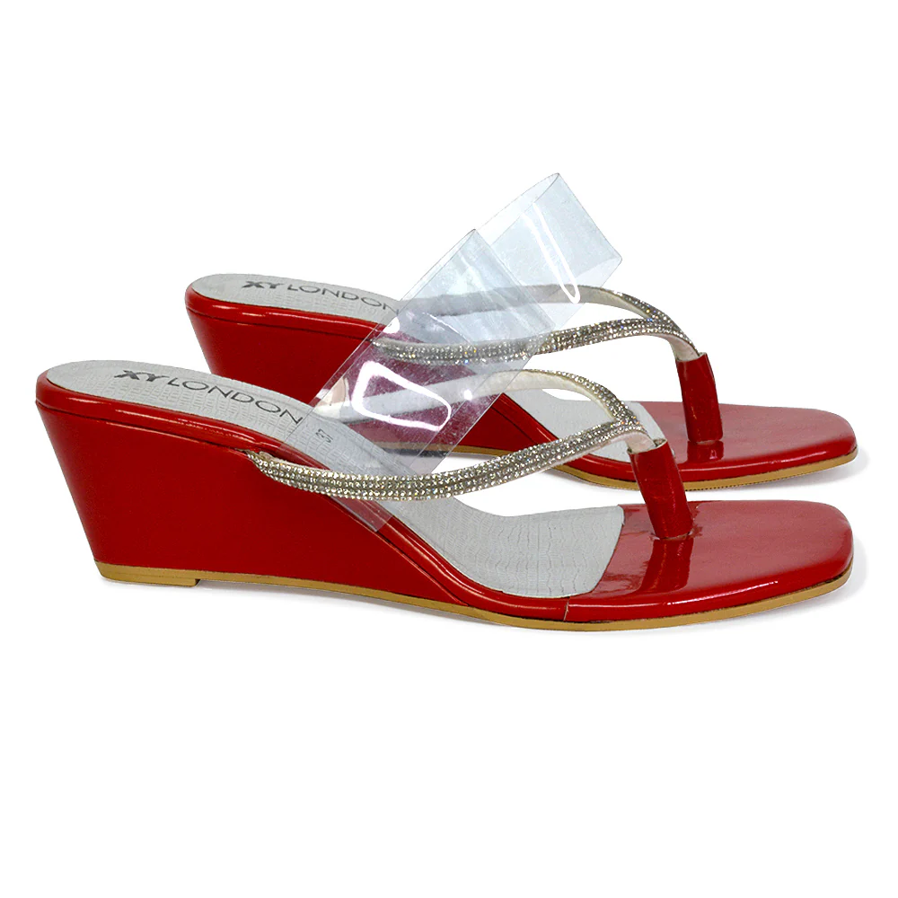 Mirabel Square Toe Post Perspex Wedge Heel Diamante Sandals in Gold - Image 11