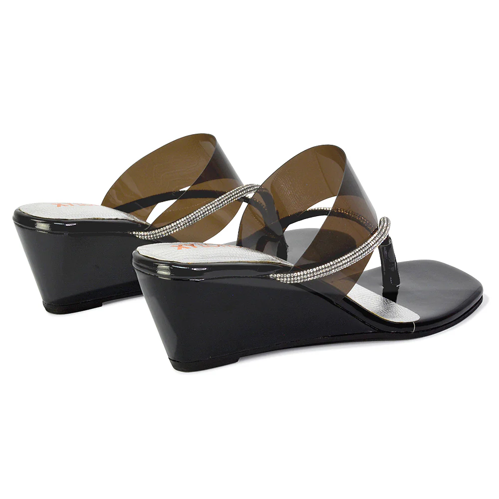 Mirabel Square Toe Post Perspex Wedge Heel Diamante Sandals in Gold - Image 152